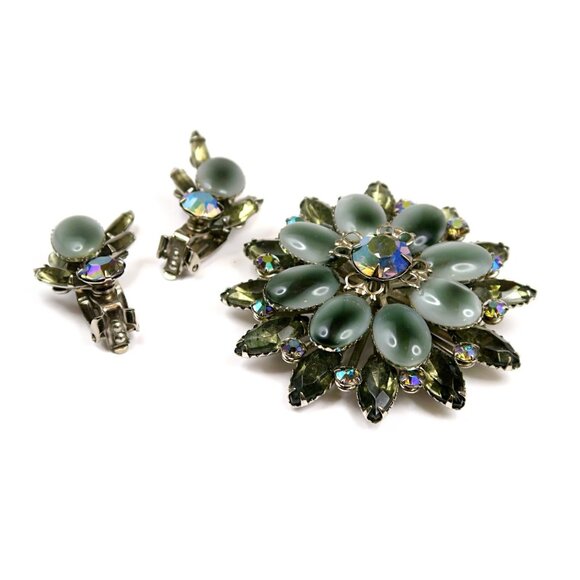 Celebrity Gray Cabochon & AB Rhinestones Brooch Earrings Set Vintage Jewelry - Picture 3 of 7